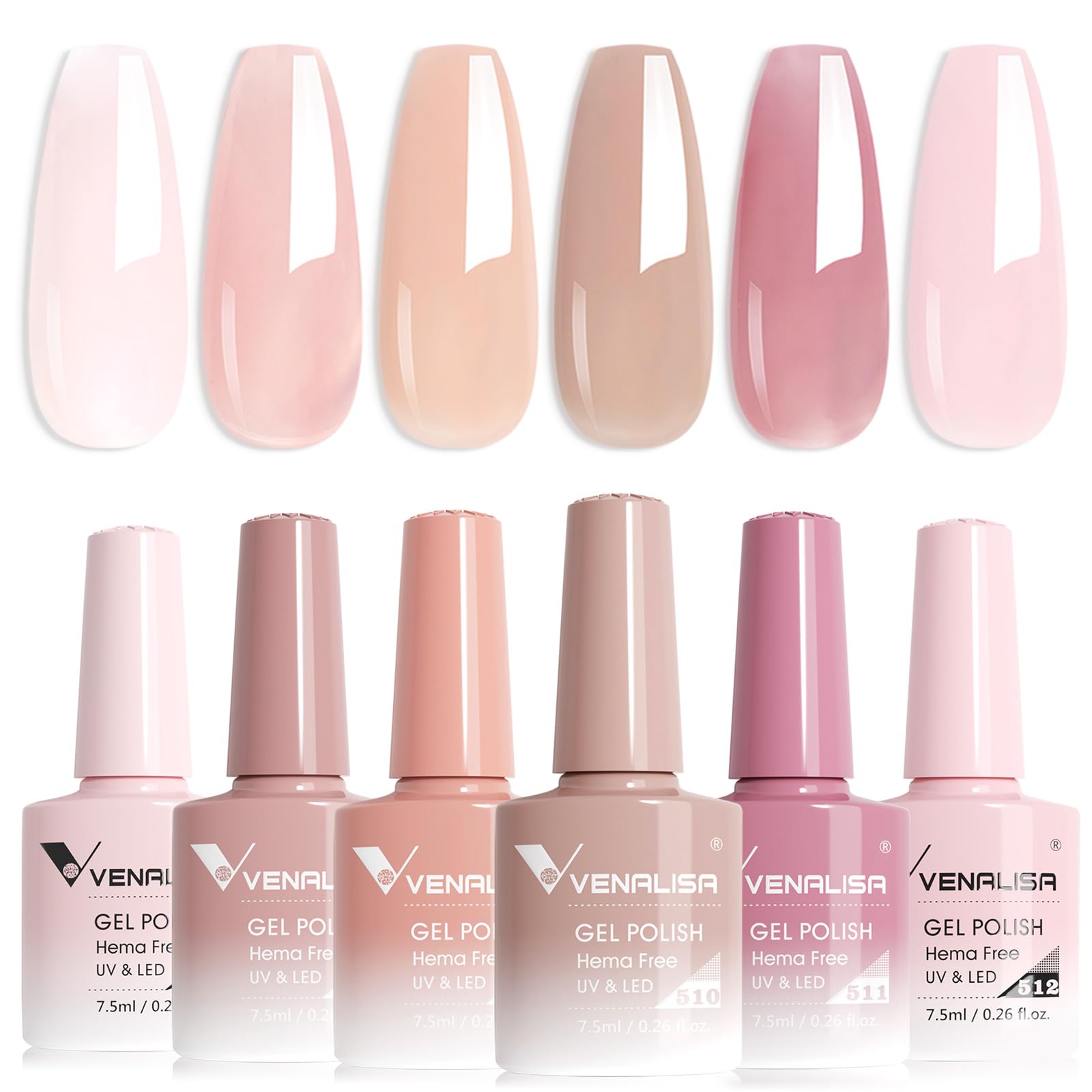V VENALISAVENALISA Gel Nail Polish Set 6 Colors Transparent Nude Jelly French Manicure Gel Polish Collection Soak Off 7.5ml UV Classic Nail Art Manicure for Classy Looks
