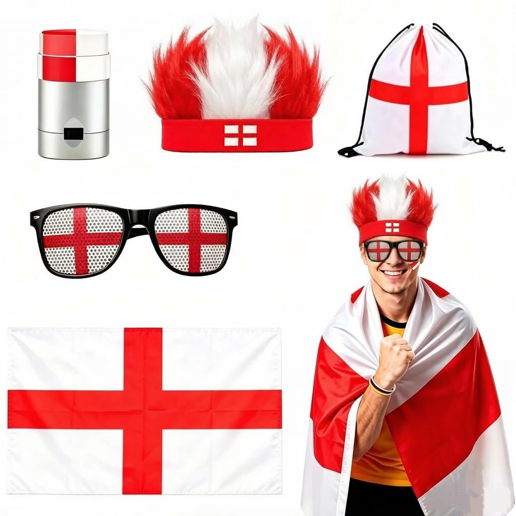Aitsite England World Cup 2026 Merchandise Set, England Flag Cape&Glasses&Wig for Football Fans, Fan Kit for Sports Events Festivals Parades World Cup Football 2026