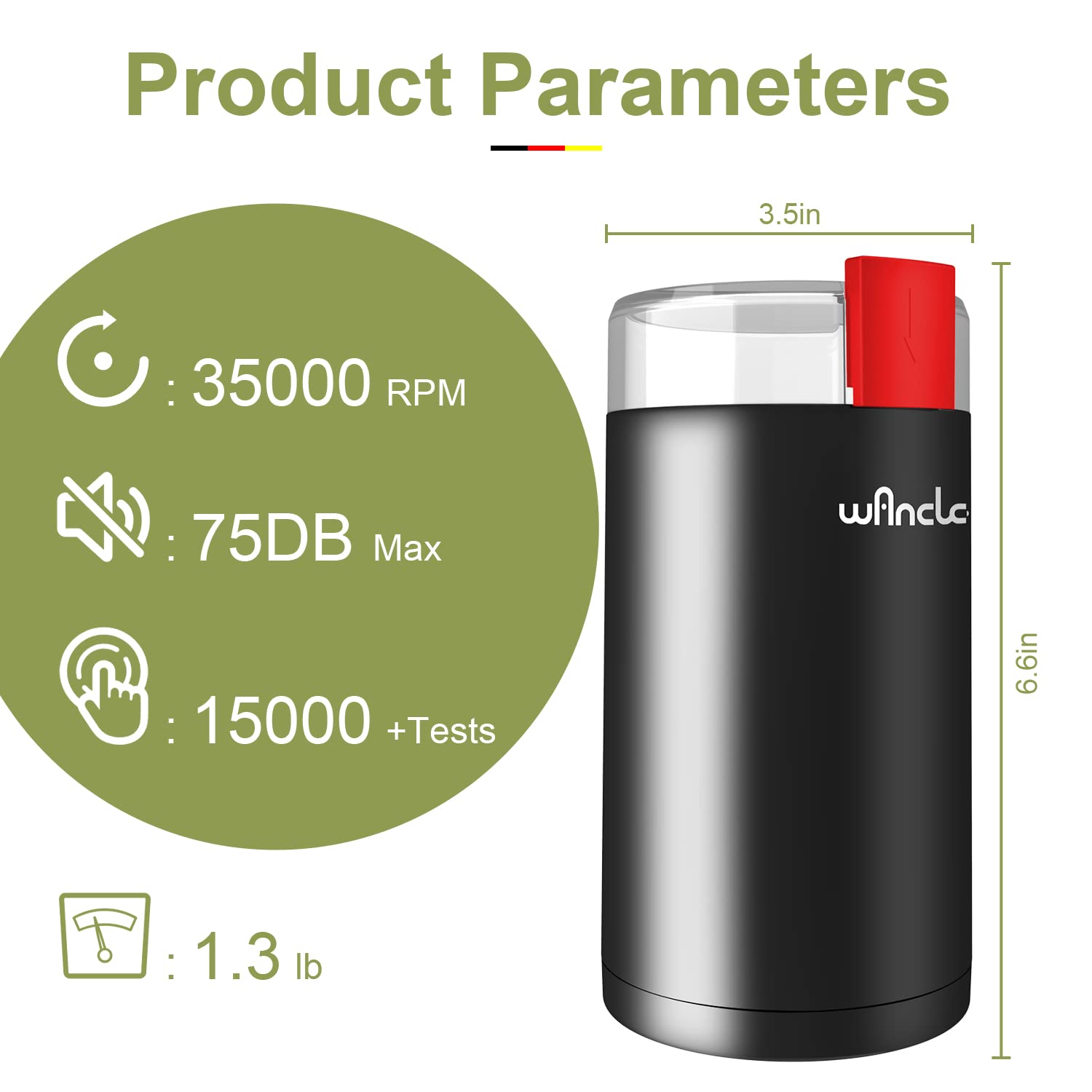 Macina Caffè, Wancle Macina Caffe elettrico, Macinatore di spezie silenzioso, mulino da caffè one touch, utilizzato per fagioli, spezie, ecc., con spazzola pulita (Nero+Rosso)