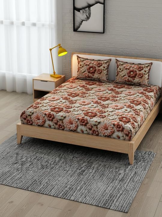 Image of Queen Size Fitted Bedsheet with 2 Pillow Covers | 7D Printed Double Bed Sheet | Soft Cotton Feel, Wrinkle Free & Fade Resistant | Elastic Fit (Coffee7D, Fitted Queen-60x78)