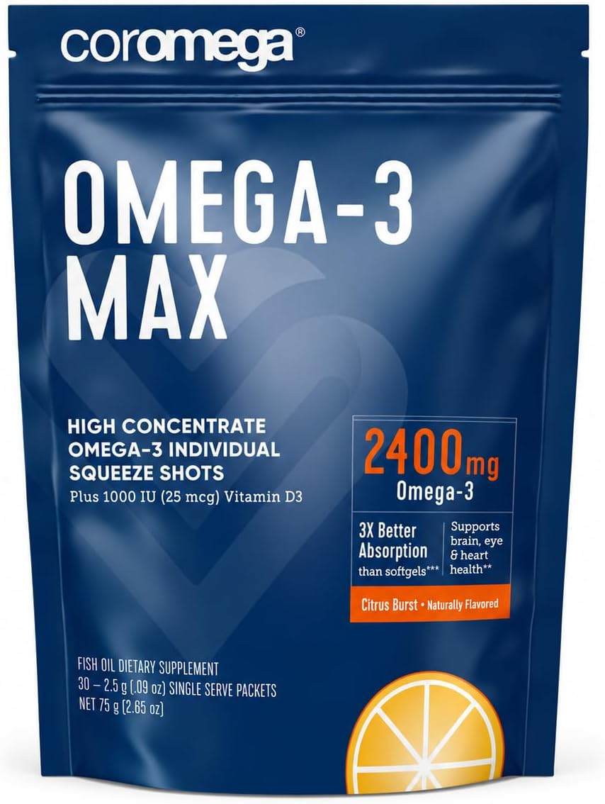 Coromega MAX 2400mg Omega-3 Fish Oil + Vitamin D Squeeze Packets, Wild-Caught, No Fishy Taste - 3X Better Absorption Than Softgels, Supports Brain & Heart Health (30 Servings,Citrus Burst)