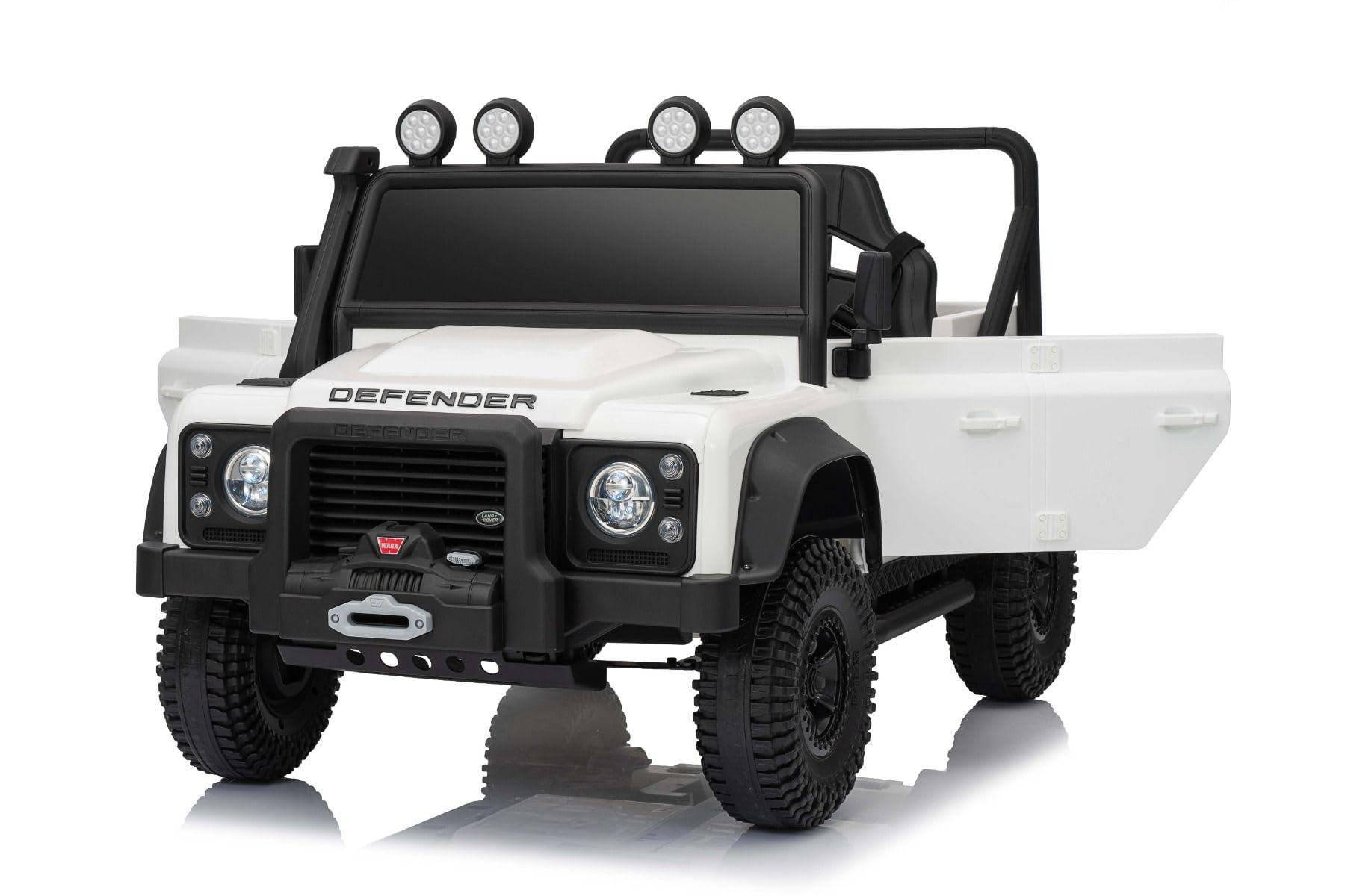 4x4 électrique enfants 12V Land Rover Defender 110 SVX, Blanche, transmission, batterie lithium, voiture électrique enfants télécommande 2,4 GHz, USB/Aux/Bluetooth, phares LED, 3-7 ans, 4x 25 W moteur