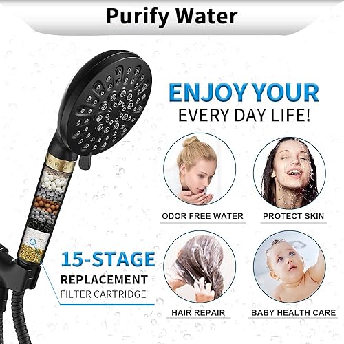Miniatura 2 de Cabezal de ducha con 6 ajustes de mano, filtro de alta presión para agua dura, cabezal de ducha filtrado de 15 etapas con manguera para eliminar