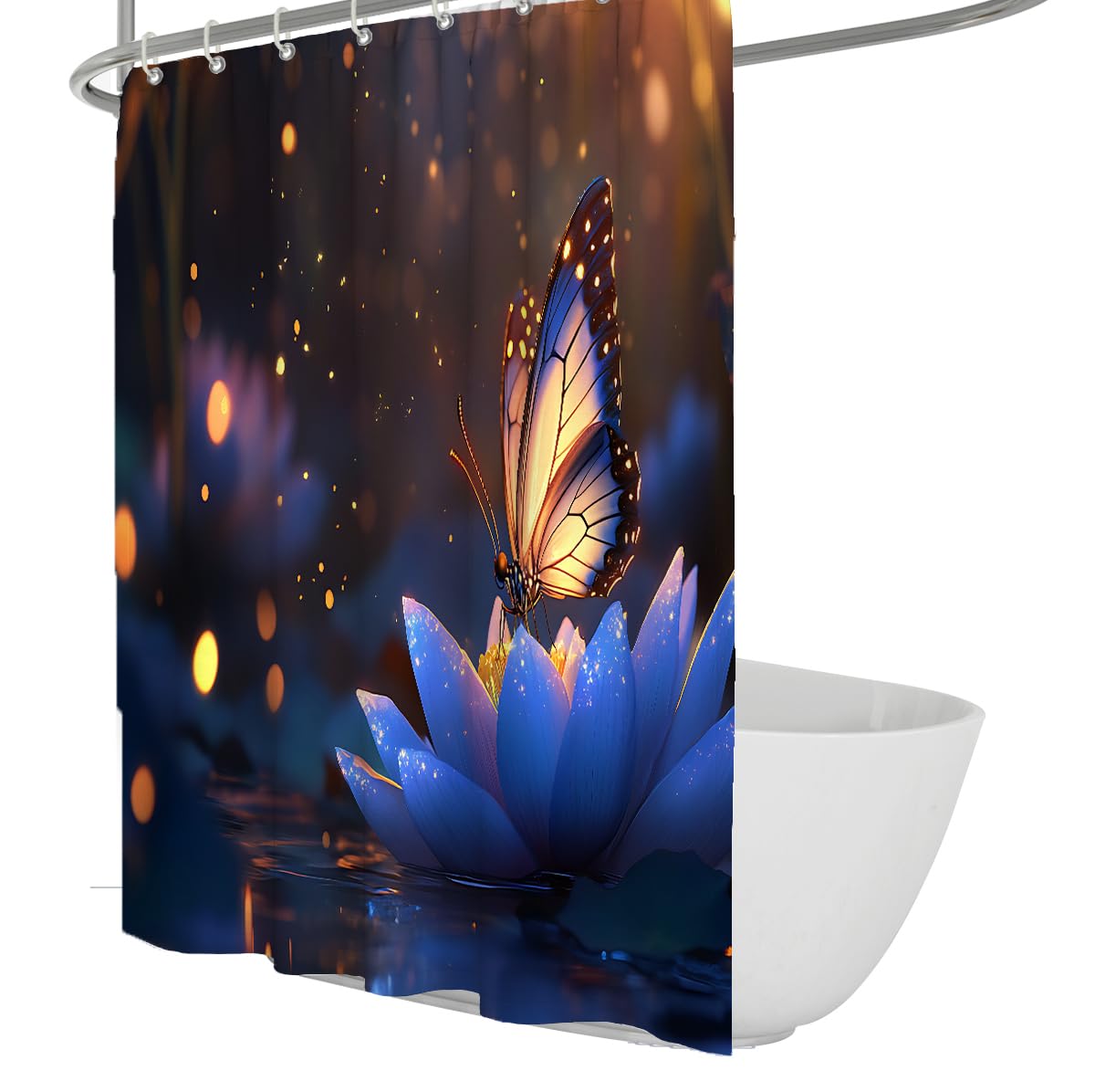 UERWOWELL Magical Fairy Tale Nature Shower Curtain Butterfly on Lotus Shower Curtain Romantic Night Pond Floral Bath Curtains for Bathroom Decoration W180xL220 cm