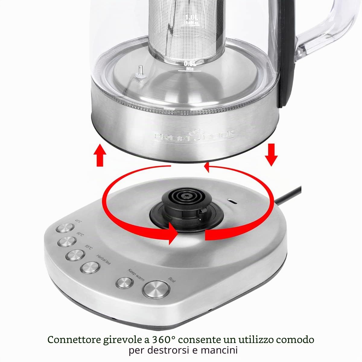 ProfiCook PC-WKS 1167 G, bollitore 2 in 1 con controllo WiFi, app gratuita, regolazione della temperatura programmabile, struttura in vetro/acciaio inox, 1,5 litri