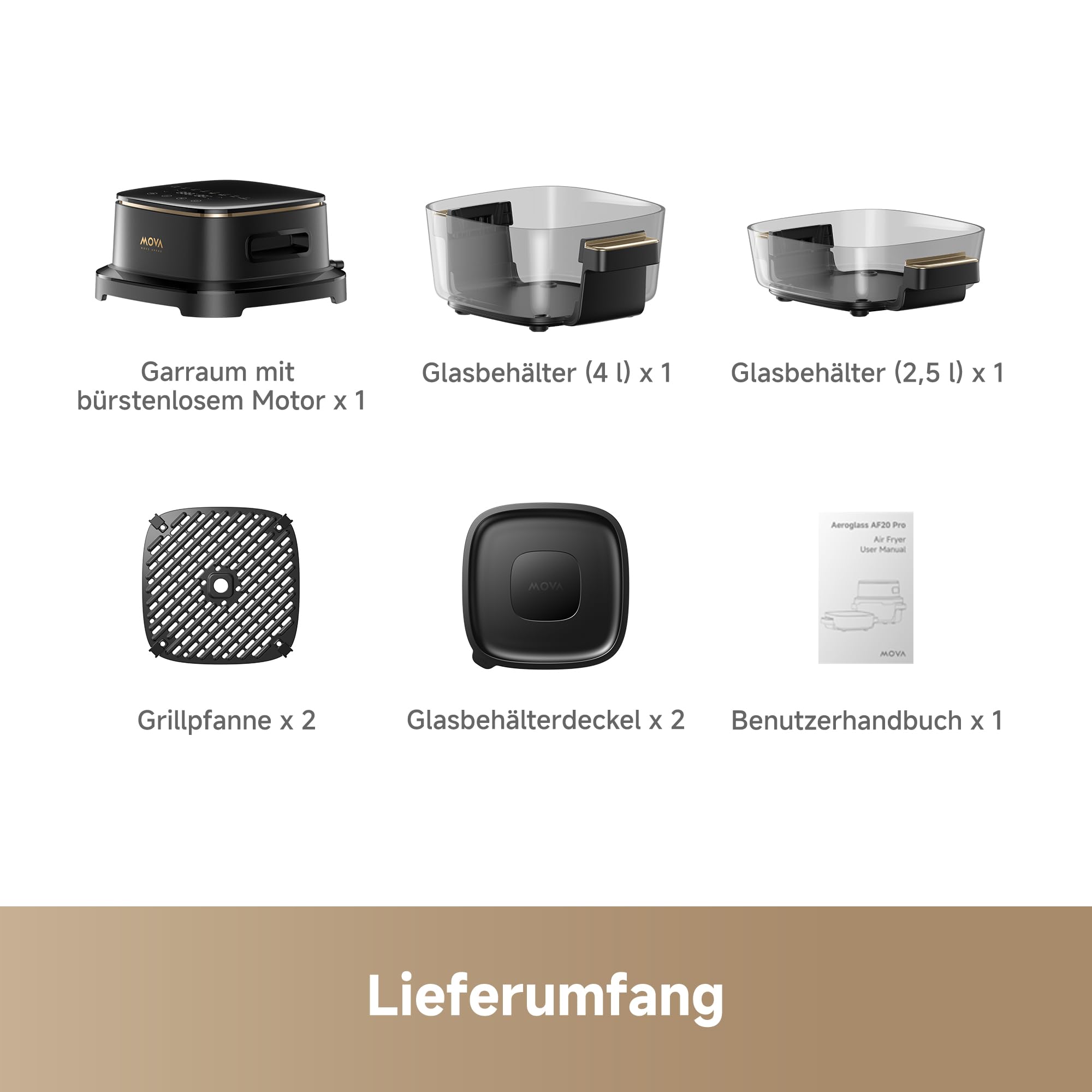 Mova Aeroglass AF20 Pro Heißluftfritteuse: Transparenter Glasinnenraum, Doppeltes Fassungsvermögen (4 l + 2,5 l), Glasschüssel, Bürstenloser Motor, 8 Rezepte, 40–210 °C, Intelligente Voreingestellte