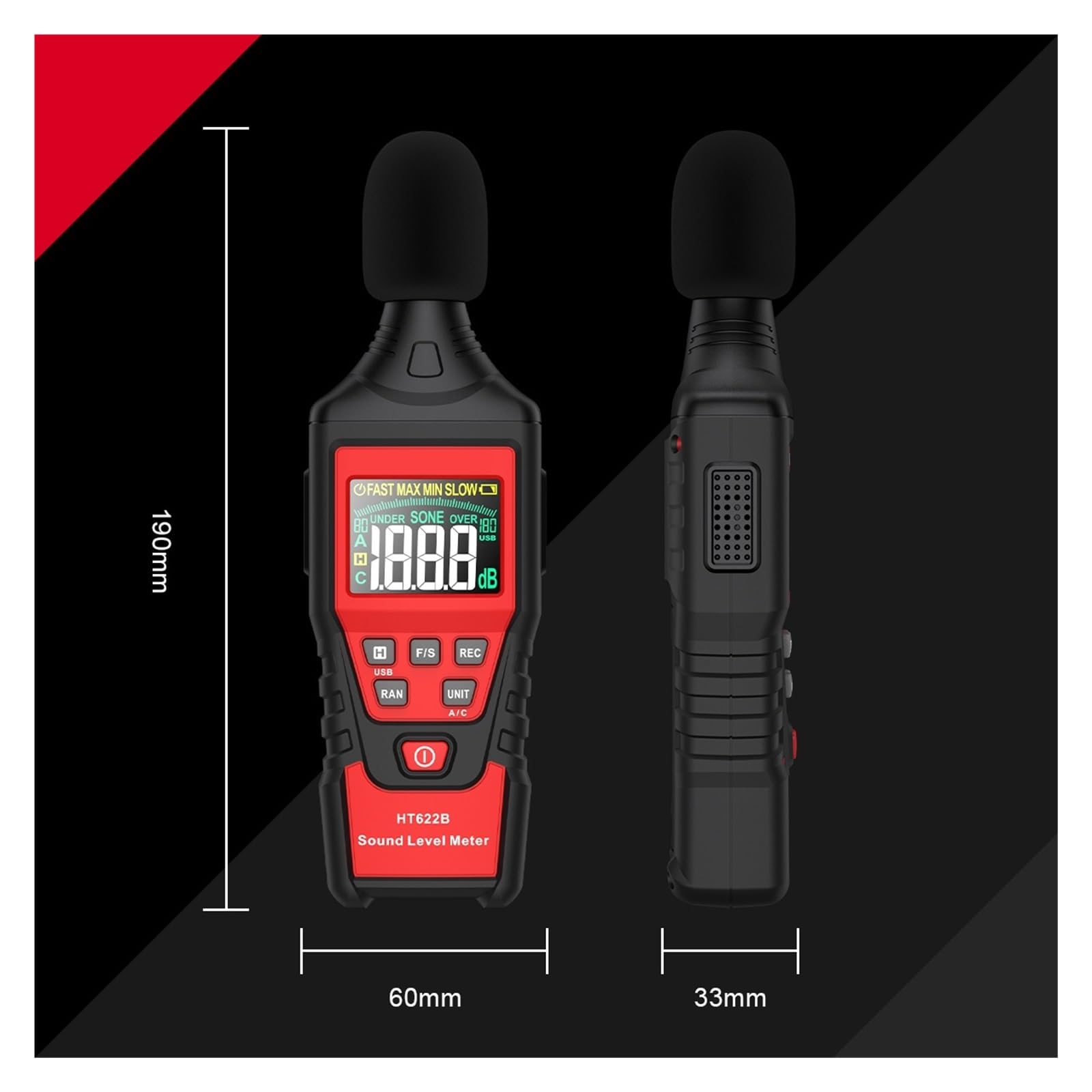HT622 Registratore Digitale del Livello sonoro 30-130dB Misuratore di Rumore di Fabbrica Misuratore di Decibel (Ht622a)