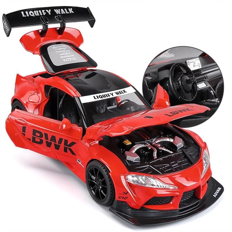 Image of PINQUE Kids Toyota Supra GR LBWK 1:24 Diecast Alloy Metal Pull Back Car With Openable Doors, Music, Sound and Light - Vehicle Toy for Boys (Red)