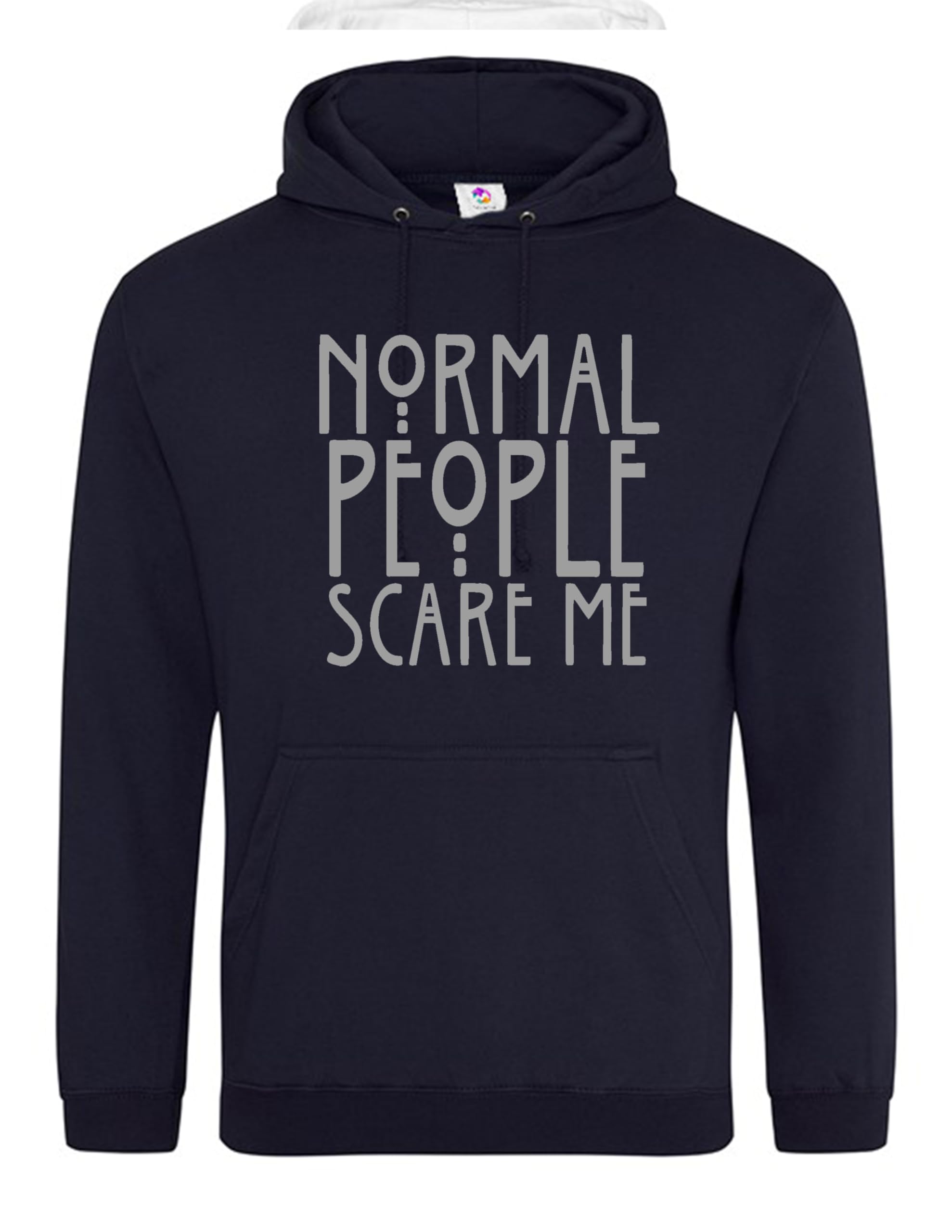 Moonbow Unisex Navy Funny Normal People Scare Me Hoodie For Men & Women– Trendy Gothic Pullover Sweatshirt –Soft Fleece – Aesthetic Grunge Streetwear, Comfortable & Warm, Gift For Alternative Fashion Lovers