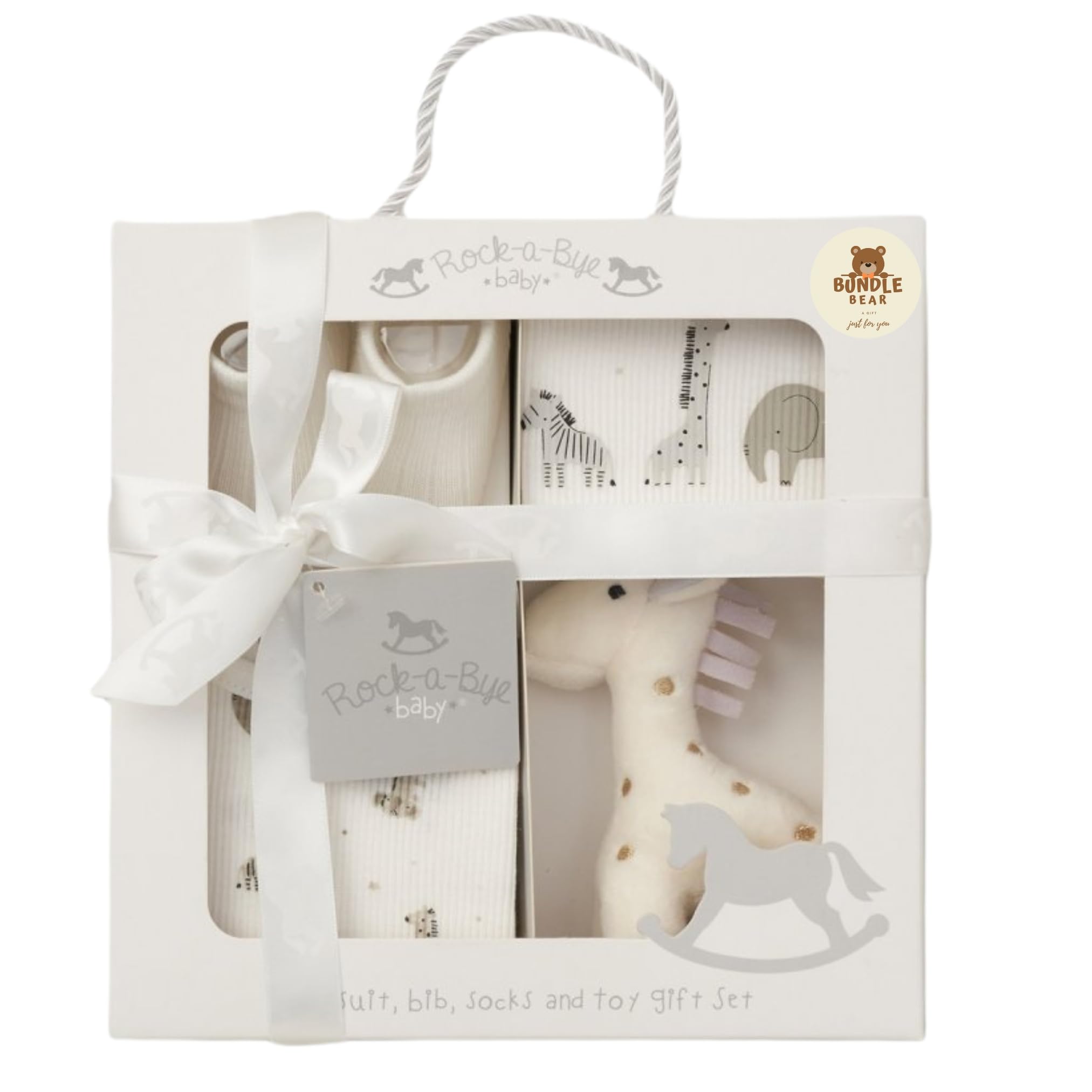 New Born Baby Gift Set - Unisex Baby Shower Gifts Featuring Bodysuit, Bib, Socks and Soft Toy, Gender Reveal Gifts & New Born Baby Essentials (Unisex, 0-3 Months)