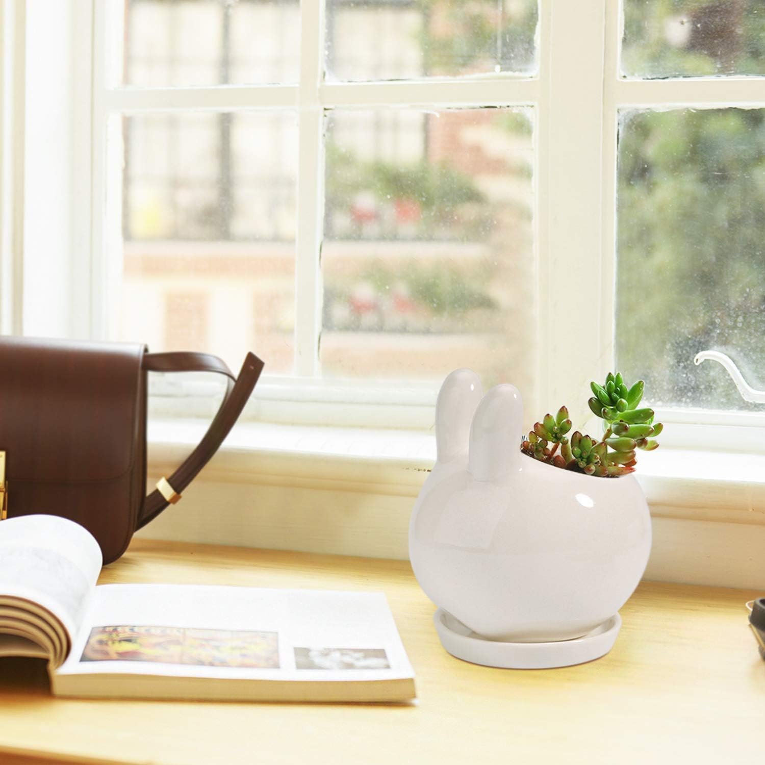 T4U Ceramic Bunny Succulent Pot Cute Animal Planter for Small Plant - White Rabbit Cactus Single Succulent Pot for Miniature Plant Holder with Drainage Hole Home Office Indoor Decoration with Tray