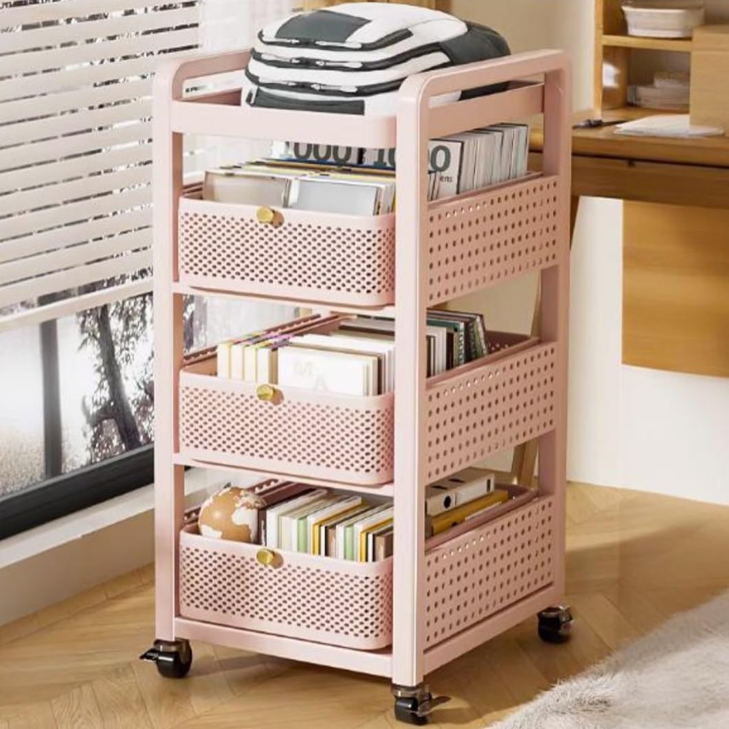 YVYKFZD Metal Slim Storage Cart, 2/3/4-Tier Narrow Storage Cabinet, Rolling Utility Cart with Drawer and Wheels, Mobile Kitchen Carts, Space Saving Bathroom Organizer(Pinks,4 Tier 12.5"x15.7"x35.4")