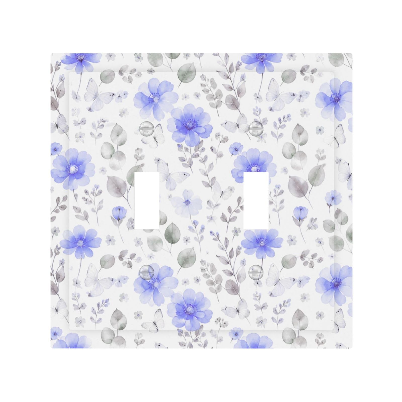 DWBGUO Decorative Light Switch Cover Plate Watercolor Blue Floral Butterfly 2 Gang Outlet Covers Double Toggle Wall Plates for Electrical Outlets Switch Plate Covers Faceplate for Home Bedroom Decor