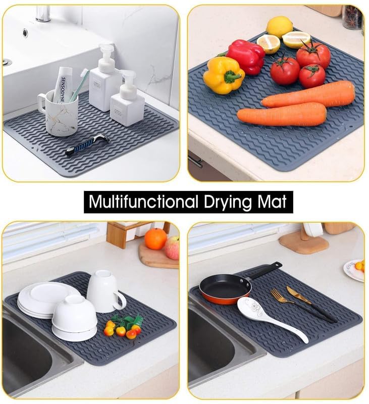 Image of HROY Silicone Dish Drying Mat for Kitchen Counter BPA Free Easy Clean Heat Resistant Draining Rack, Dishwasher Safe (40 * 30 cm Modern)