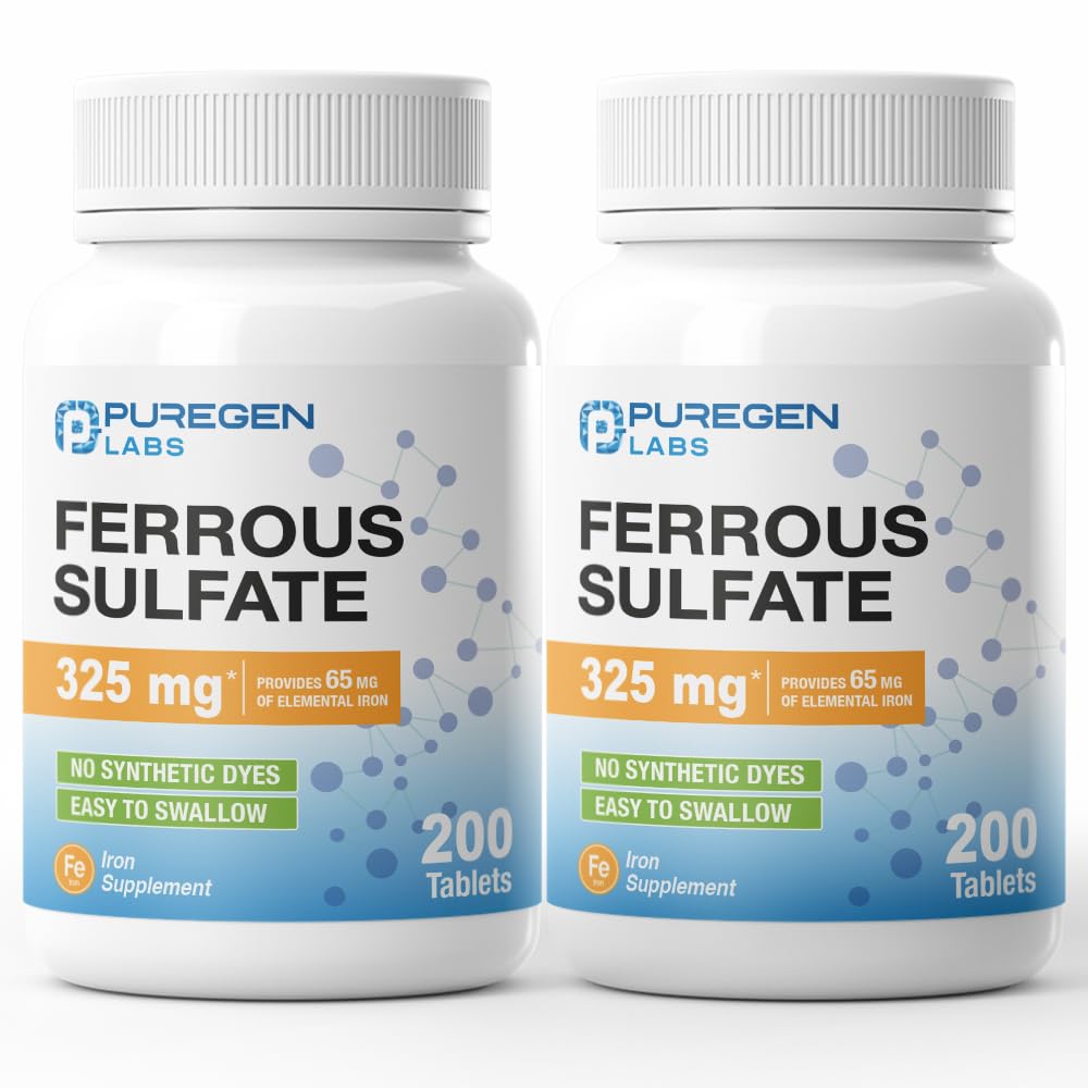 Puregen Labs Ferrous Sulfate 325 mg (65 mg Elemental Iron) High Potency Iron Supplement | No Artificial Color Additives - Total 400 Tablets