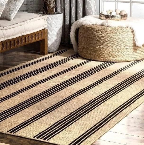 Tapis indien tressé à la main en jute naturelle à rayures noires - Pour salle à manger, salon - 78 cm x 270 cm