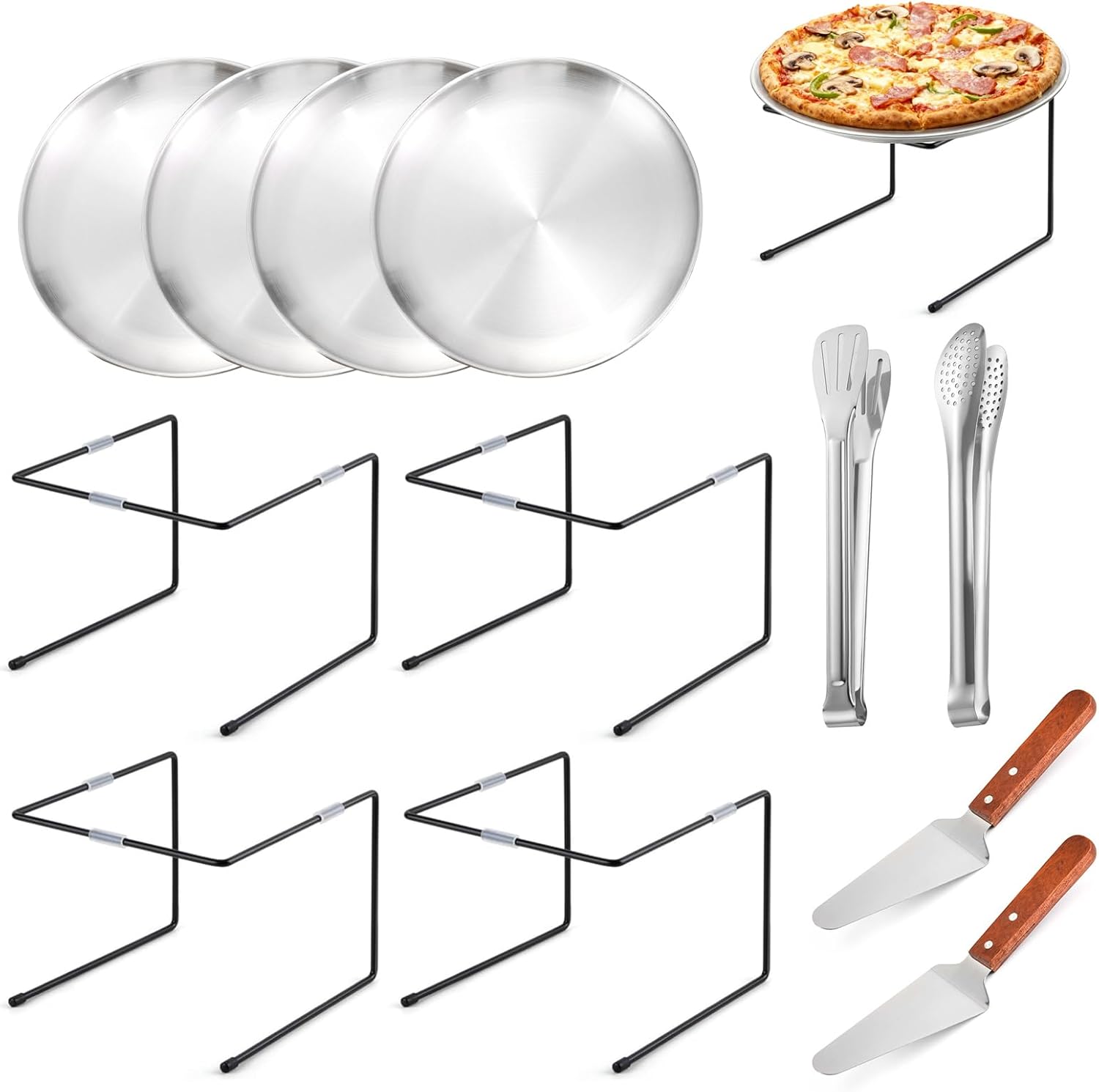 12 Pcs Pizza Stand Riser Stands Sets, 4 Metal Pizza Table Stands 4 Pizza Pan 2 Wood Handle Pie Server 2 Stainless Steel Barbecue Tongs for Home Restaurant Party