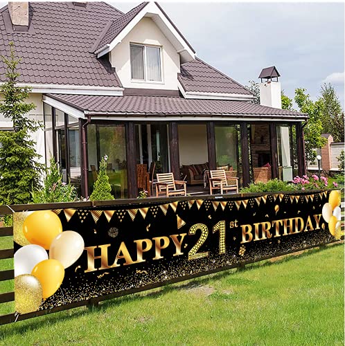 Happy 21st Birthday Banner,21st Birthday Decoration Black Gold,Party Backdrop Banner Fabric Banner for Girl Boy 21st Birthday Photo Backdrop,Photography Background,Outdoor Yard Garden Table Wall Decor