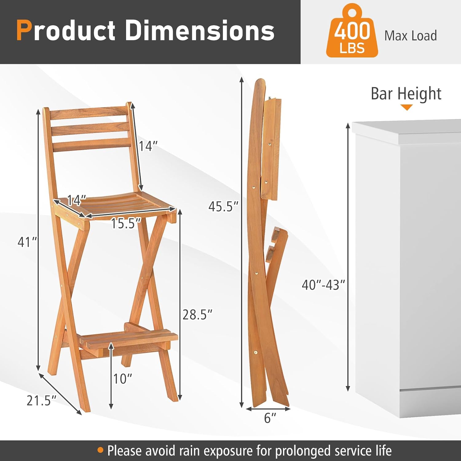 Tangkula Patio Folding Barstool, Outdoor Portable High Top Acacia Wood Bar Height Chair with Backrest & Footrest,for Backyard, Garden, Front Porch (1)