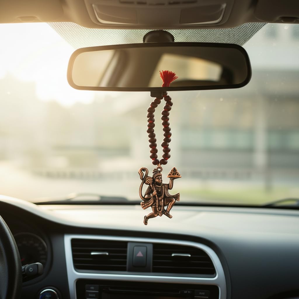 Lord Flying Hanuman Red Wooden Mala Copper Car Hanging Ornament Mirror Décor Dream Catcher Positive Vibes Balcony, Gift, Vehicle, Wind Chimes
