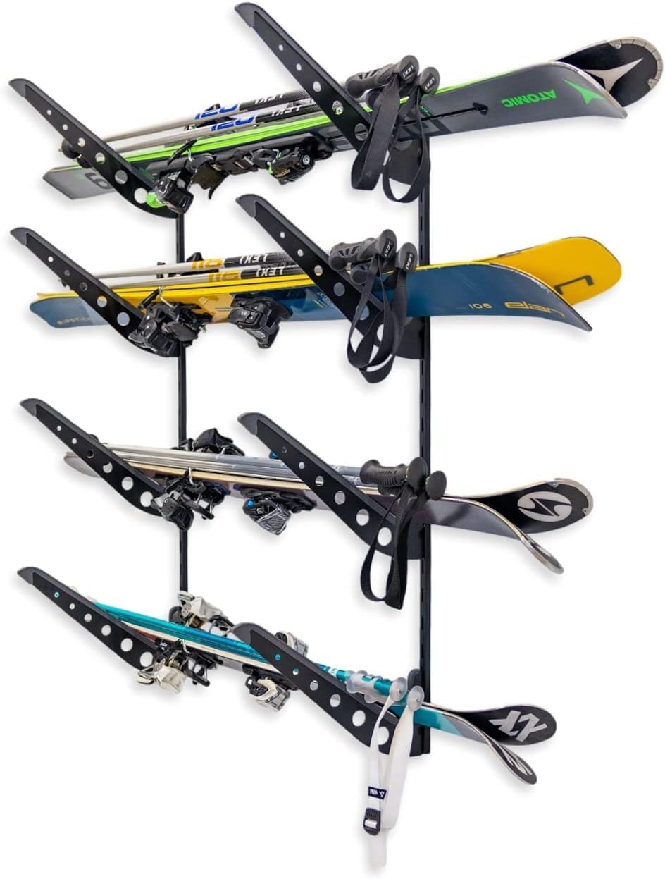 StoreYourBoard Ski & Snowboard Rack, Adjustable Wall Mount Rack Storage System for 4 Boards, Heavy-Duty Garage Wall Organizer for Ski & Snowboards (Ski - Black)