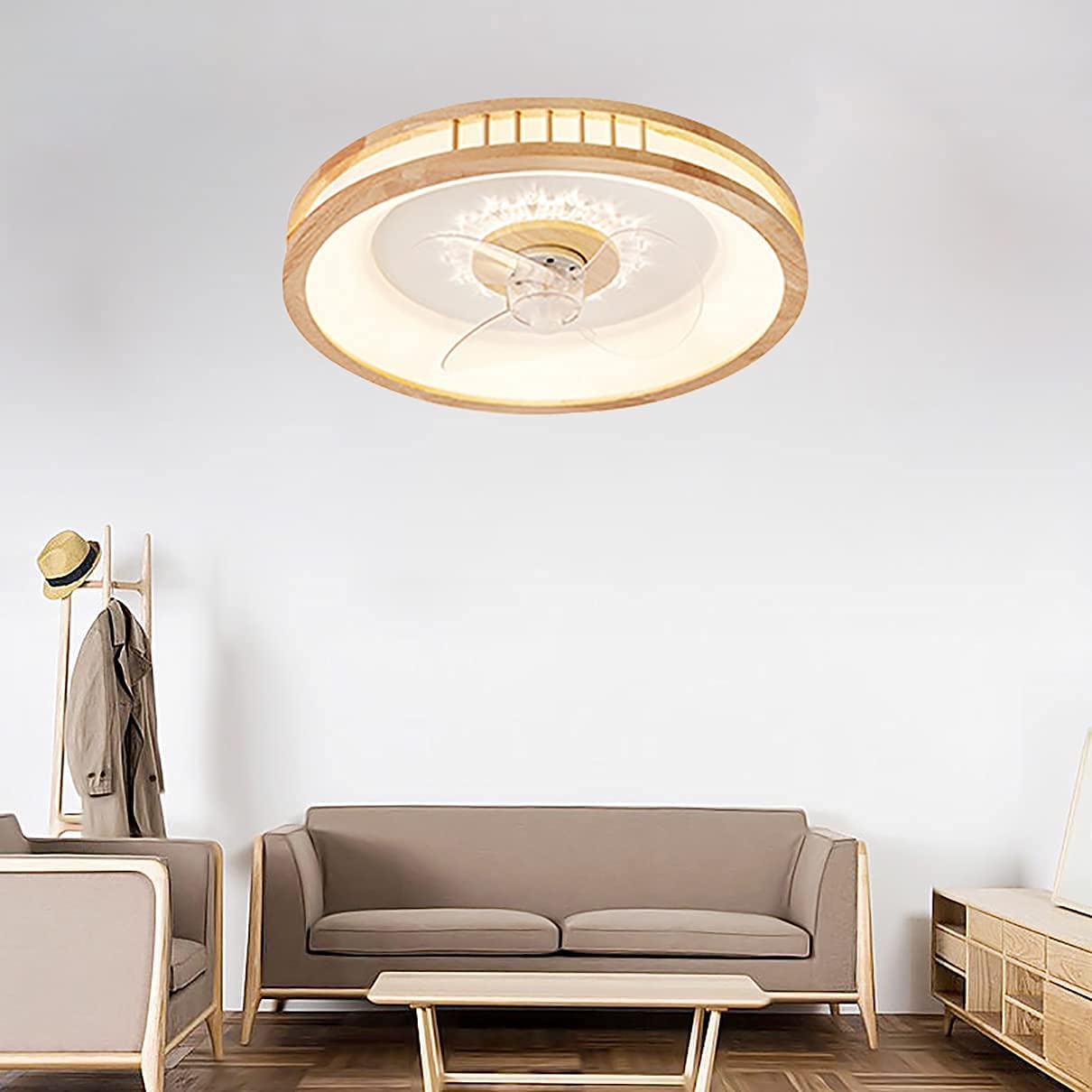 Lampy Ronde houten plafondventilatorlamp, 3 kleuren traploos dimmen LED-kroonluchter, inbouw-plafondventilator met laag profiel Meble