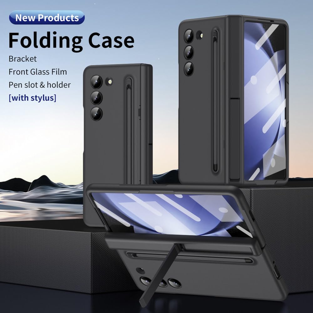 Estuche con Ranura para Porta bolígrafo para Samsung Galaxy Z Fold 3 4 5 6 Fold5 con Soporte para bolígrafo, Cubierta de película de Vidrio Frontal, Azul, para Samsung Z Fold 6