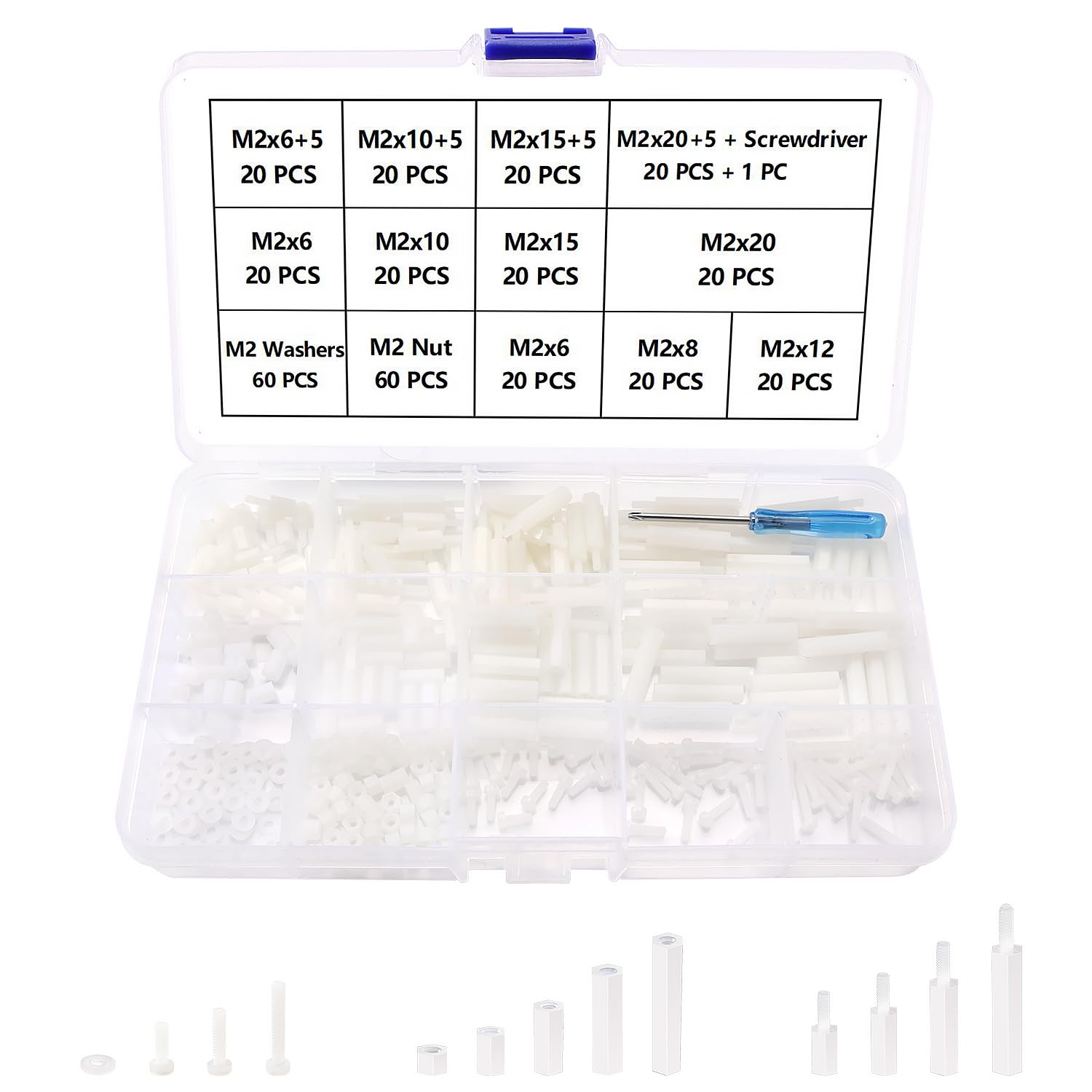 Lyeteung 340 PCS M2 Male Female Nylon Hex Spacer Standoff Screw Nut Threaded Pillar Assorted Assortment Kit, with Screwdriver, for PCB Board Motherboard, White