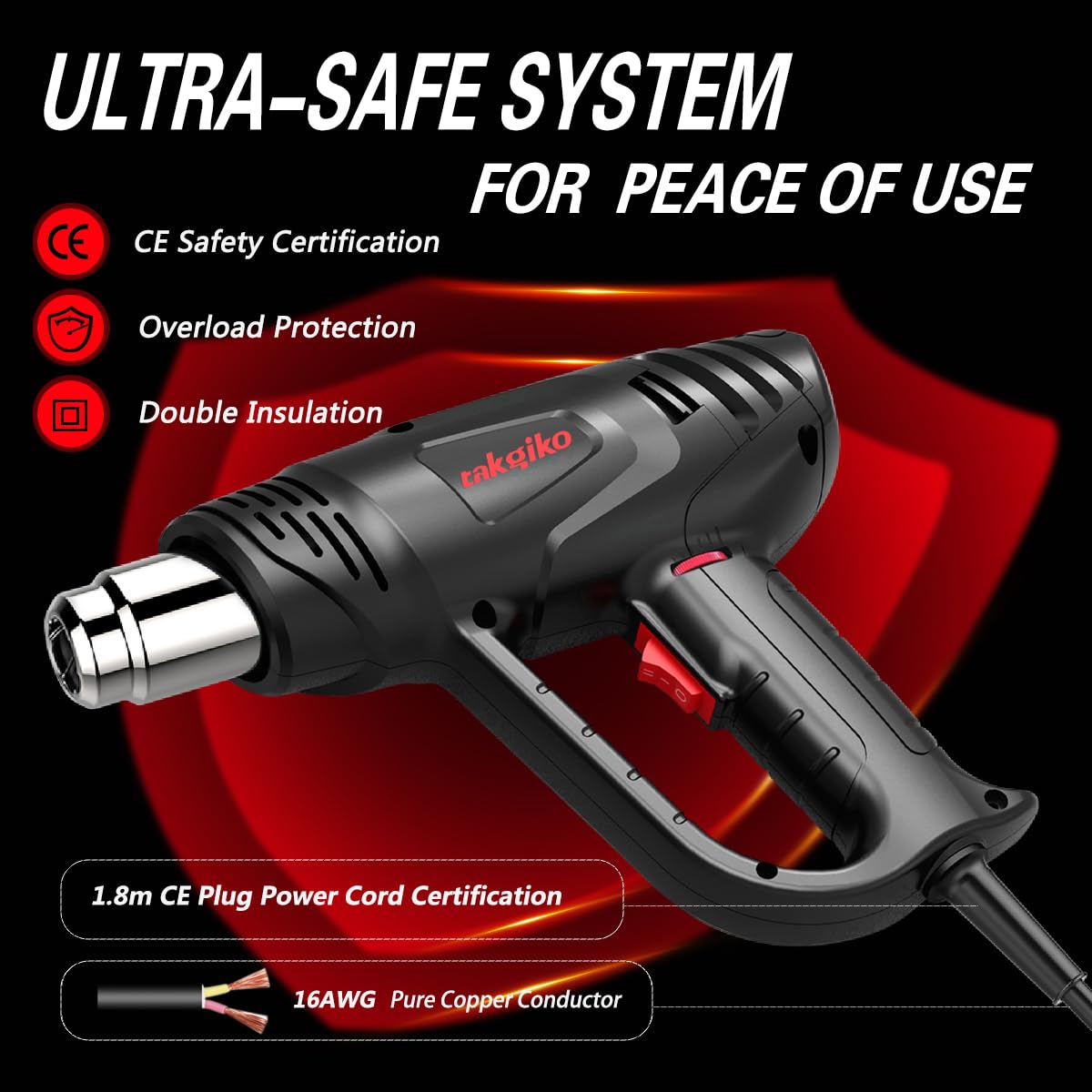 Pistola ad aria calda da 2000 W, 50 ℃ ~ 650 ℃ ad alte prestazioni, con protezione da surriscaldamento, 2 impostazioni del flusso d'aria con 3 ugelli, 1 raschietto per colore, riscaldamento