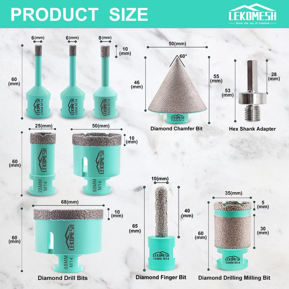 Punte Diamantate per Piastrelle - 10 pezzi (6/6/8/25/50/68mm+10mm Fresa Diamantata+35mm Fresa Diamantata+50mm Punte per Smusso+Adattatore) Seghe a Tazza per Gres Ceramica
