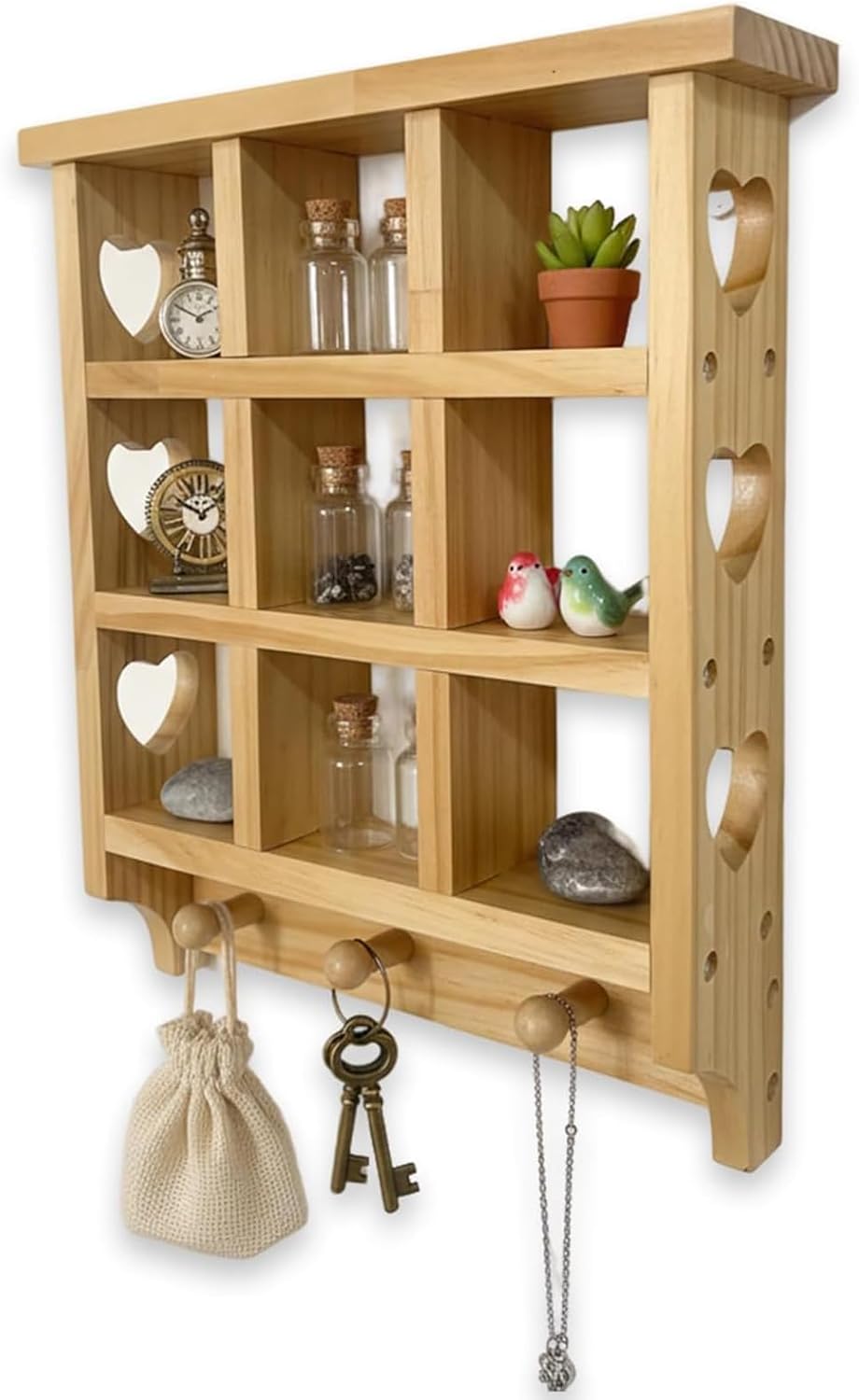 Rustic Wooden Trinket Shelf with Pegs, 9-Grid Heart Trinket Shelves/Hanging Key Rack Holder, 14 x 12 inch Floating Shelf Wall Mount for Display Crystals, Miniatures and Jewelry