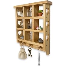 Rustic Wooden Trinket Shelf with Pegs, 9-Grid Heart Trinket Shelves/Hanging Key Rack Holder, 14 x 12 inch Floating Shelf Wall Mount for Display Crystals, Miniatures and Jewelry