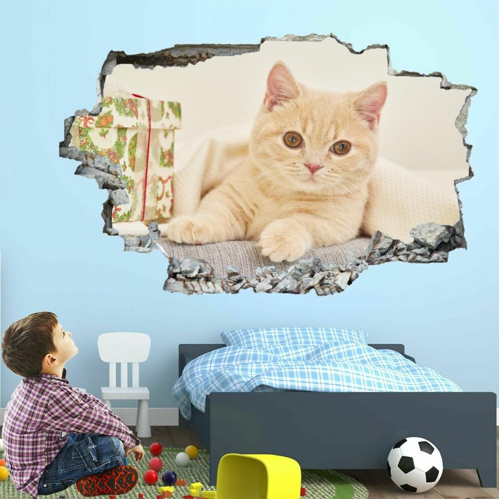 Pegatinas De Decoración De Pared 3D, Gato Calcomanías De Suelo De Vinilo Impermeables Extraíbles Arte, Animales Bonitos Calcomanías De Mural De Pared Rotas Para Niños Dormitorio 120x80cm