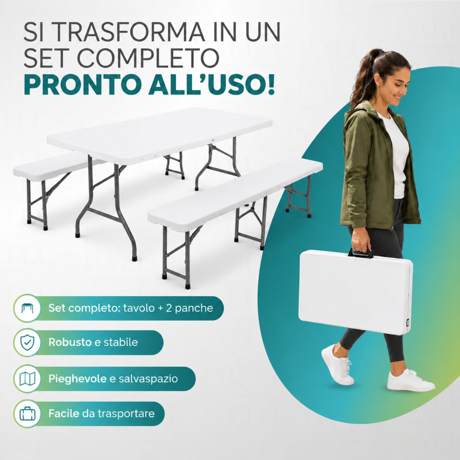 PALUPLUS Set Tavolo Catering con 2 Panche Pieghevoli, Tavolo da 180x71x74 cm e Panca da 180x29x43 cm, Set a Valigetta in Resina con Struttura in Metallo e Maniglia per trasporto -344F/8745F -28