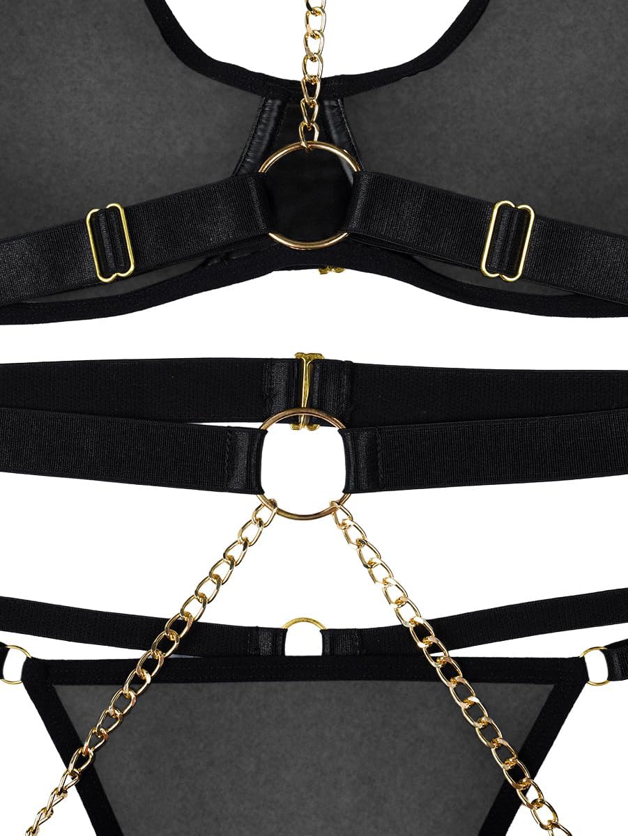 Lilosy Sexy Pu Leather Strappy Underwire Garter Belt Lingerie Set: Small Mesh Black