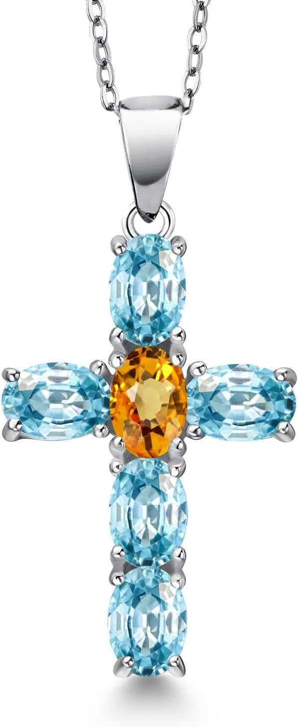 Gem Stone King 925 Sterling Silver Blue Zircon and Yellow Sapphire Cross Pendant Necklace for Women | 3.87 Cttw | Gemstone Birthstone | Oval 6X4MM | With 18 Inch Chain