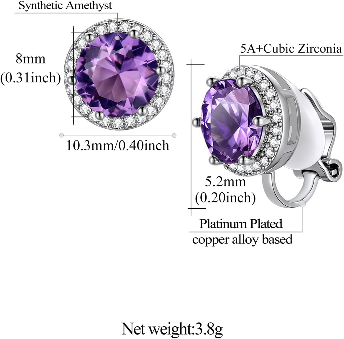 FindChic Sparkling Birthstone Clip On Earrings for Women, Silver Plated Stud Earrings 8MM Cubic Zirconia Non Pierced Studs, 12 Months Birthday Jewelry Gift