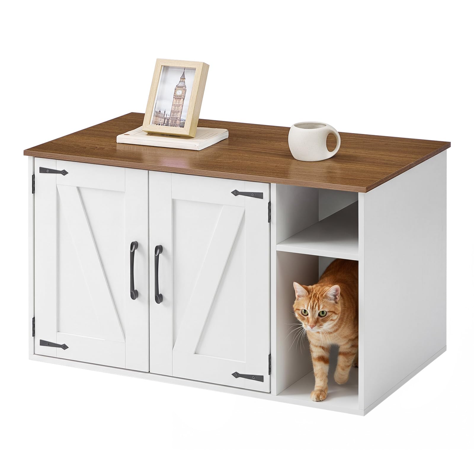HOOBRO Mueble Arenero para Gatos Estilo Vintage, Caseta para Gatos Oculta, Caja para Mascotas, Mesa Auxiliar Multifuncional, Caja de Arena para Gatos Fácil de Montar, Blanco y Nogal EWH41MW01