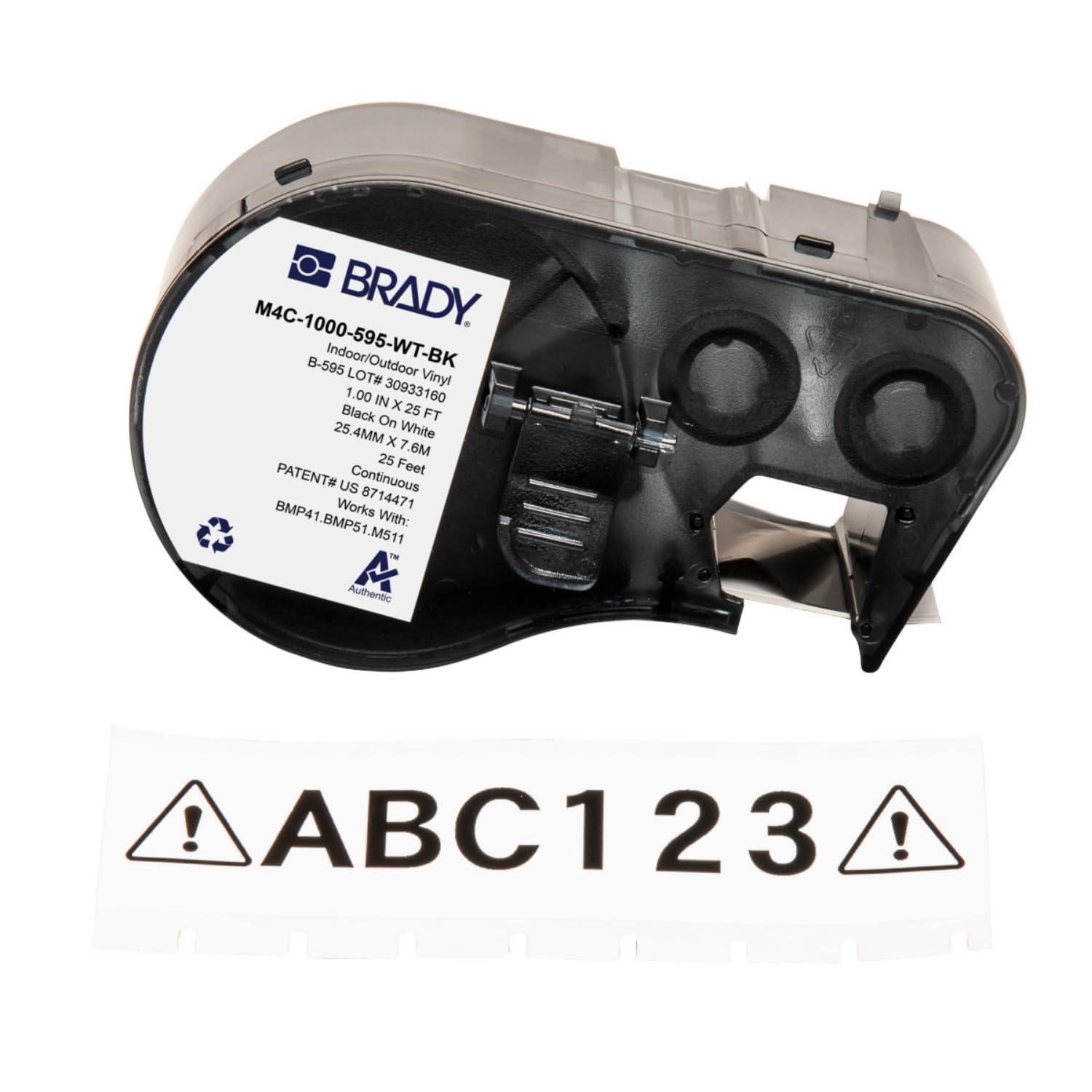 Brady Ruban d'étiquettes en vinyle étiqueteuses BMP41/BMP51/BMP53/M511 - Étiquettes imprimables adhésives - Noir sur blanc (25,40 mm (l) x 7,62 m (L)) - M4C-1000-595-WT-BK