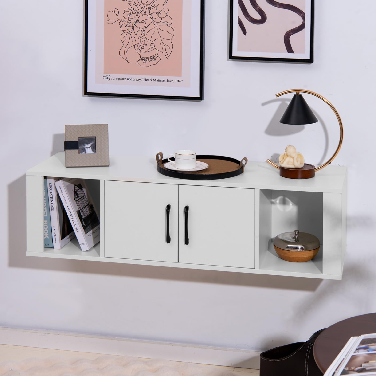 COSTWAY Mueble TV Suspendido, Armario de Pared Madera con 2 Puertas y 2 Estantes de Almacenaje, Mueble de Salón para TV Flotante, 108 x 33 x 30,5 cm, para Sala de Estar, Estudio, Oficina (Blanco)