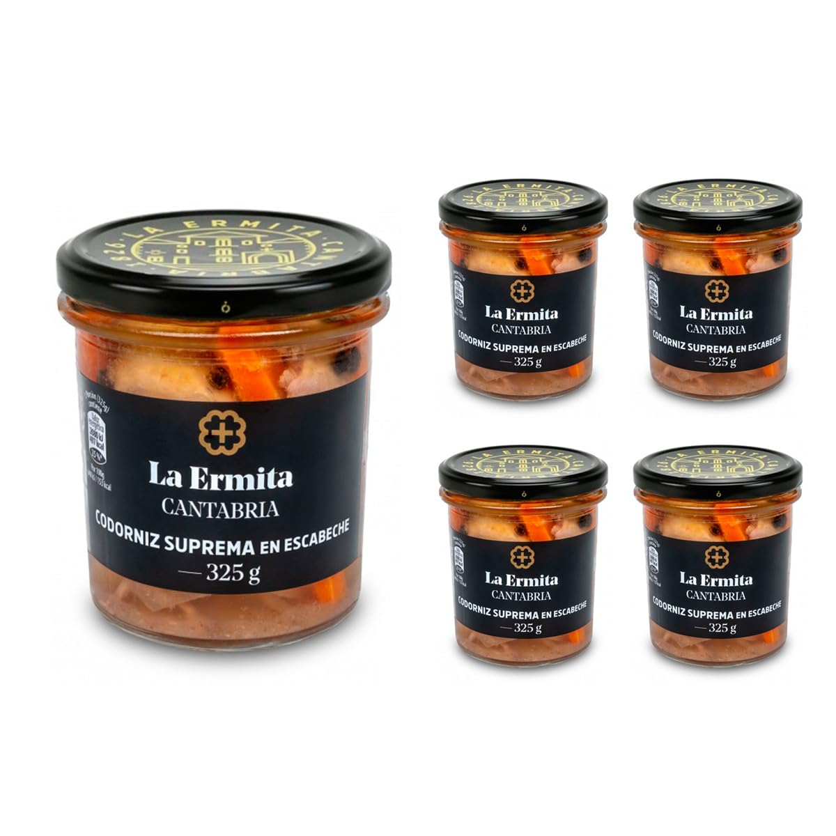LA ERMITA Codorniz Suprema en Escabeche, Receta Tradicional con Aceite de Oliva y Especias, Lista para Comer, Sin Gluten, Conserva Tarro de Vidrio, Para Aperitivos y Ensaladas 325 g (Pack 4 unidades)