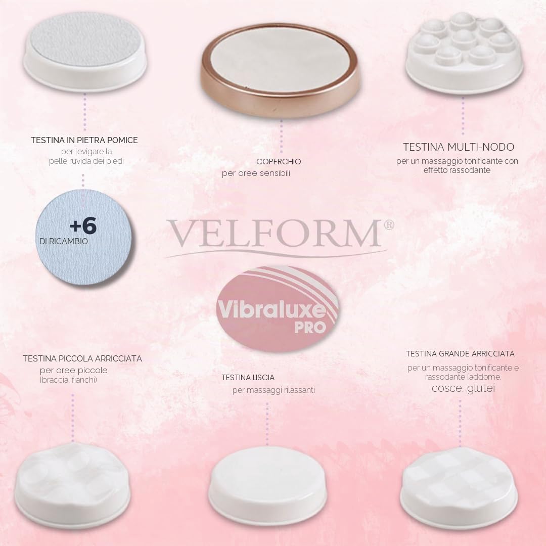 VELFORM Vibraluxe Pro - Massaggiatore anticellulite elettrico + 6 lime extra, 3000 giri/min, massaggio anticellulite dimagrante, pelle più soda, tonificante, rilassa, versatile, rilascia tensione, 3