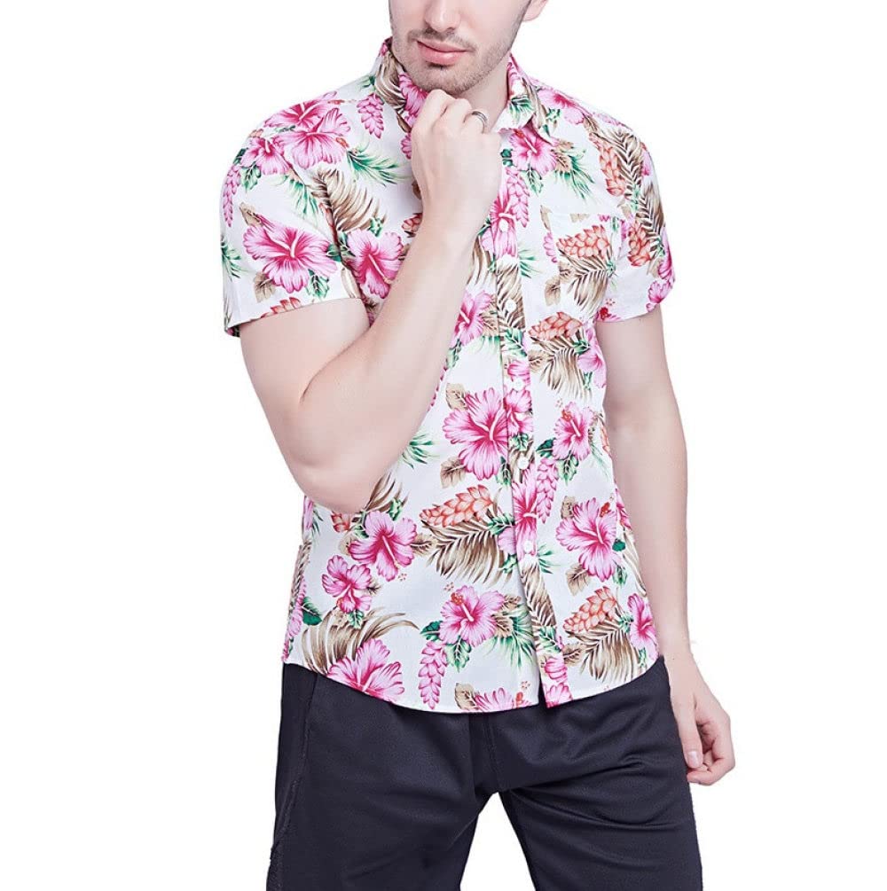 Camicia Maniche Corte Uomo, Camicia A Fiori da Uomo Stampa Fiori Rosa Camicia Hawaiana Bianca Camicia A Maniche Corte con Colletto Cubano Camicia da Spiaggia da Uomo Button Down Top