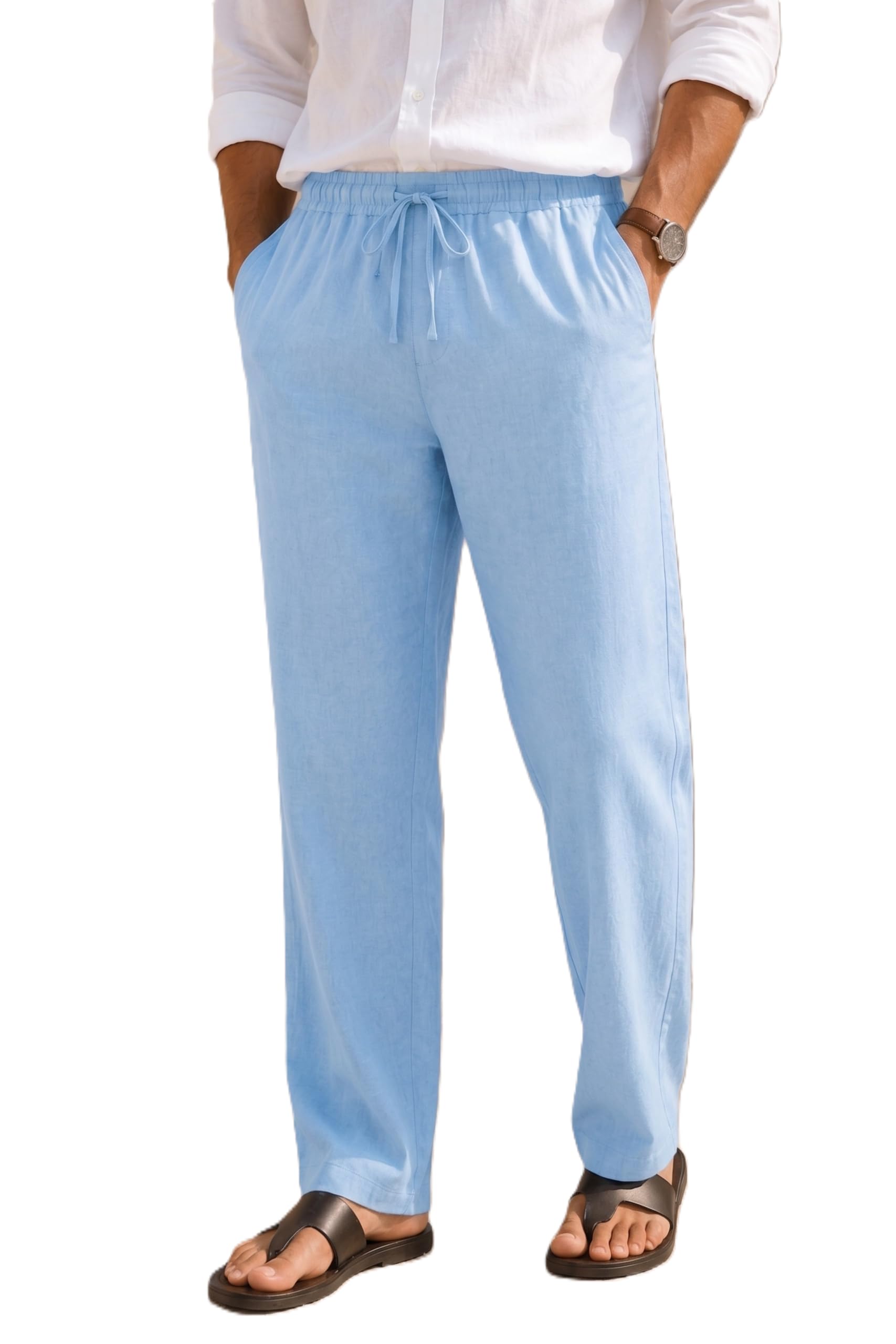 Premium Linen Blend Relaxed Fit Men Pant | Loose Fit Casual Drawstring Trousers | Elastic Waist | Breathable Summer Lounge Beach Travel Pants with Pockets Light Blue-picture-45