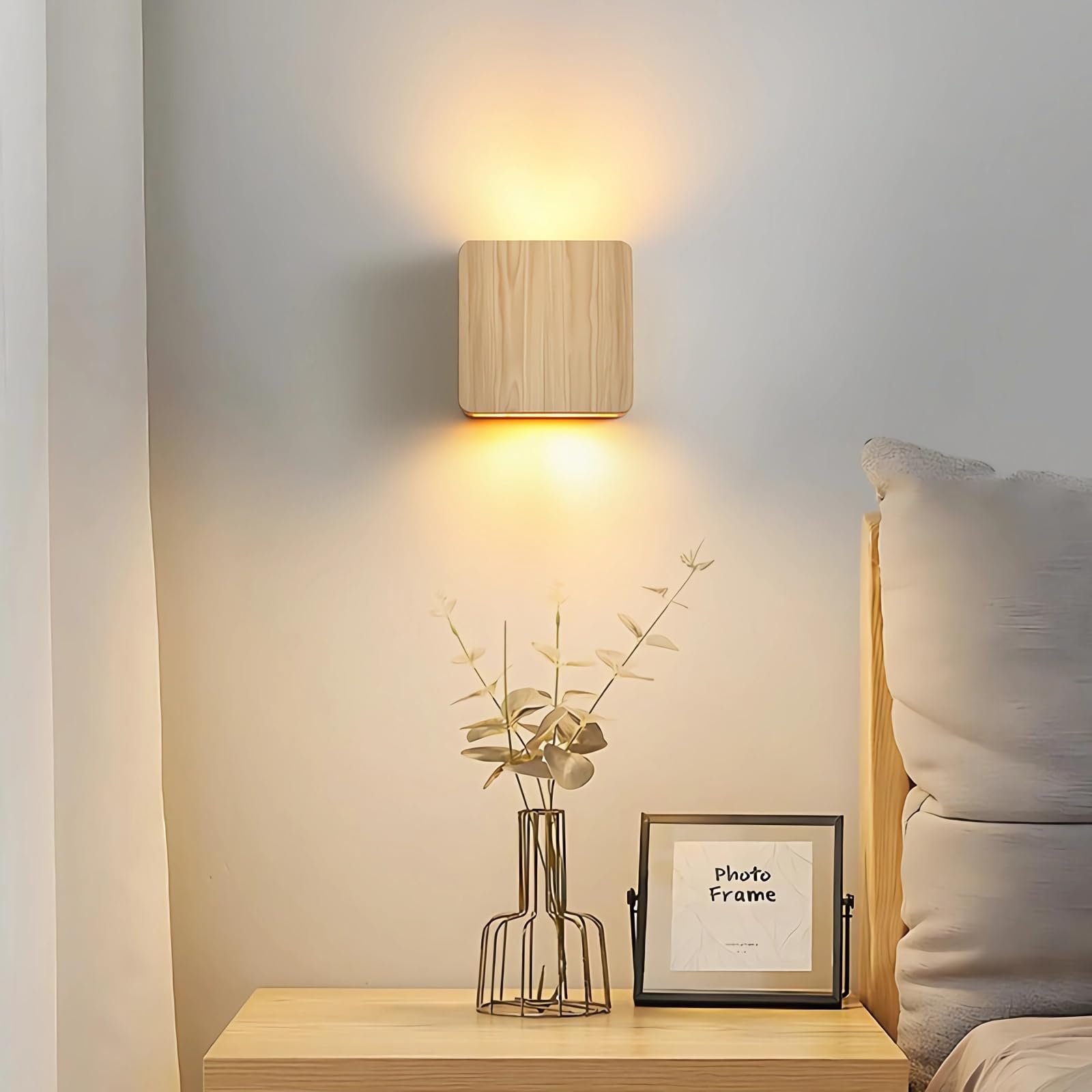 LED Wandleuchte Holz Eckig Design Modern Minimalistisch Wandlampe für Wohnzimmer Schlafzimmer Flur Treppenhaus Diele Lampe G4 Leuchte Leuchtet nach oben und unten (Holzfarbe, 16cm, Warmweiß 3000K)
