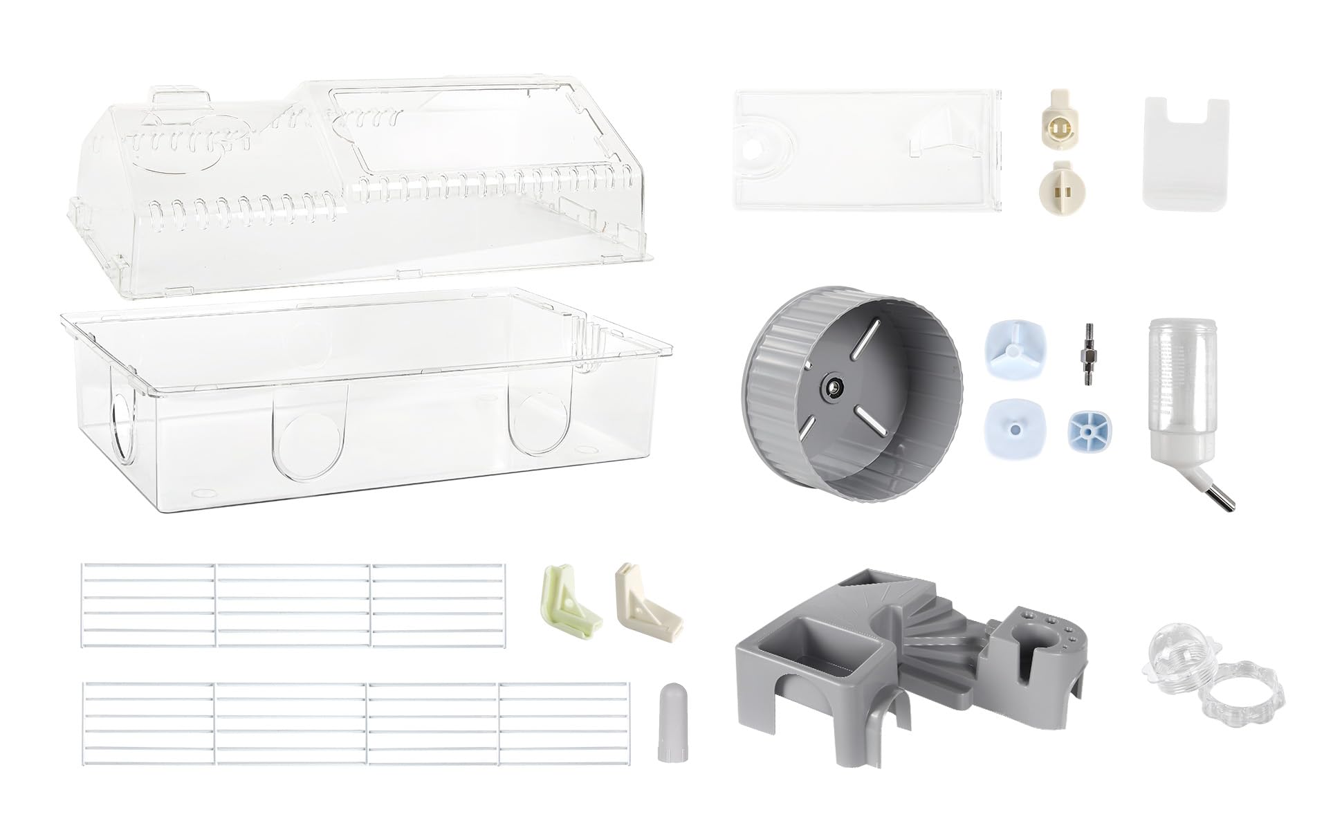 Hamsterkäfig-Set, 55,9 cm L x 30,5 cm B x 38,1 cm H, mit Kombination aus Badewanne und Futternapf und Stufen, φ15 Zoll Laufrad, Wasserflasche, Sonnendach, abschließbare Tür, transparent/grau