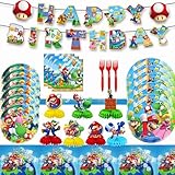 Super Bros Themed Party Decorations, Birthday Party Supplies Decorations Set-Plates Napkins Tablecloth Banners Fork etc for 20 Guests Kids Birthday (Set B)