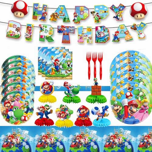 Juego de 90 decoraciones de fiesta temática de Super Bros, suministros de fiesta de cumpleaños, platos, servilletas, mantel, pancartas, tenedor, etc. para cumpleaños de 20 invitados (juego B)