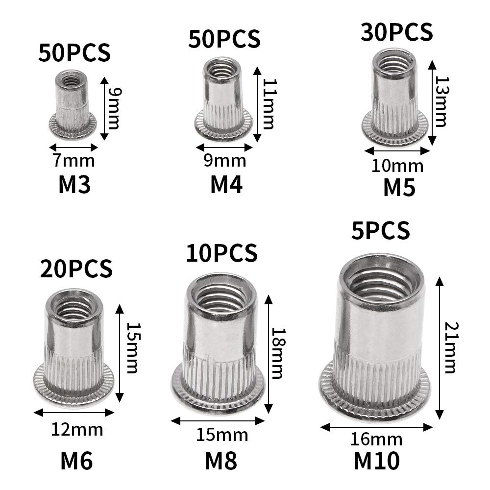 165pcs Flat Head Rivet Nuts Acciaio Inossidabile Metric Metric Recked Doce Assortment Kit M3 M4 M5 M6 M8 M10