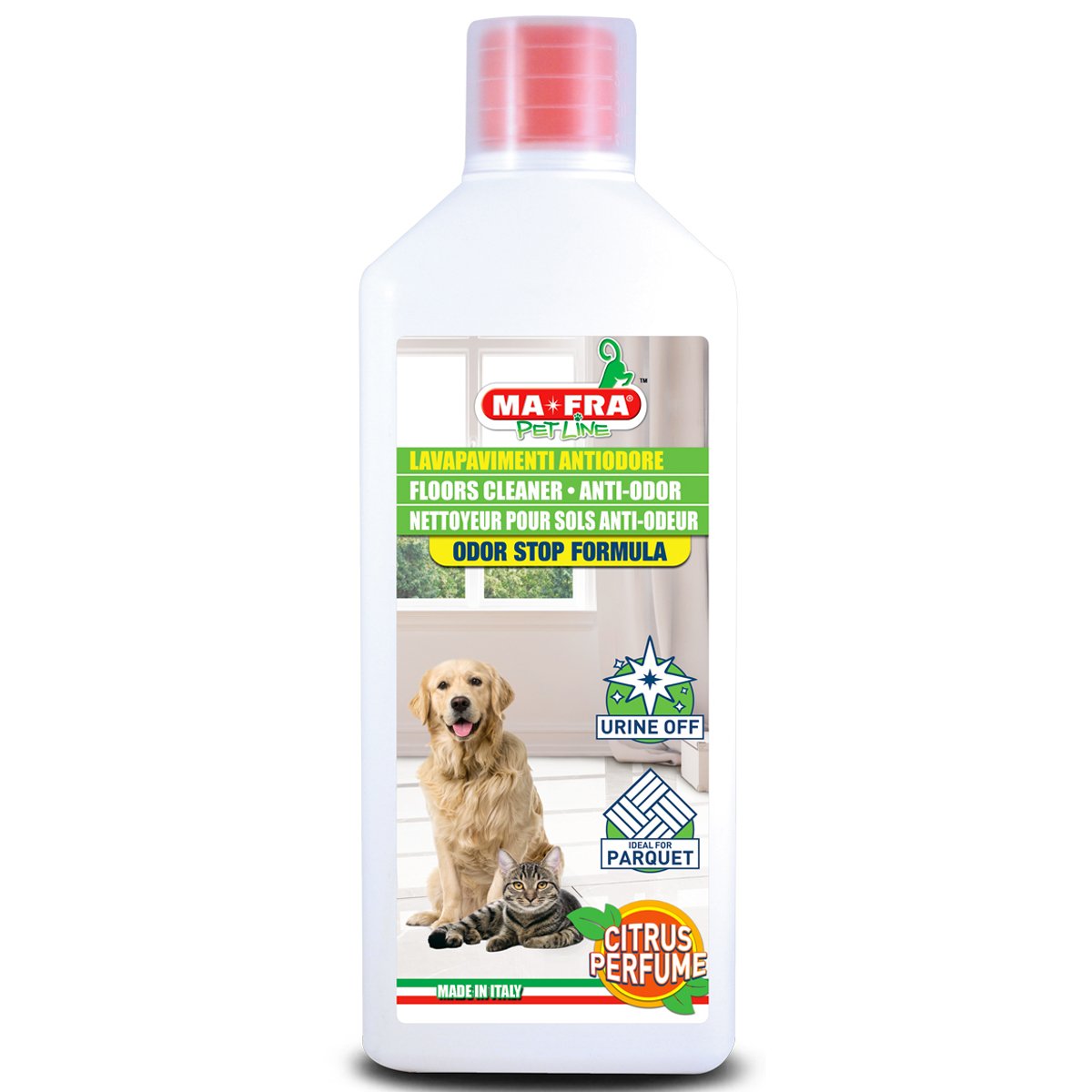 MA-FRA, Anti-odor citrus floor cleaner, cleans without smudging, Odor-Stop formula, neutralises urine and bad odors, ideal for parquet floors, 1000ml